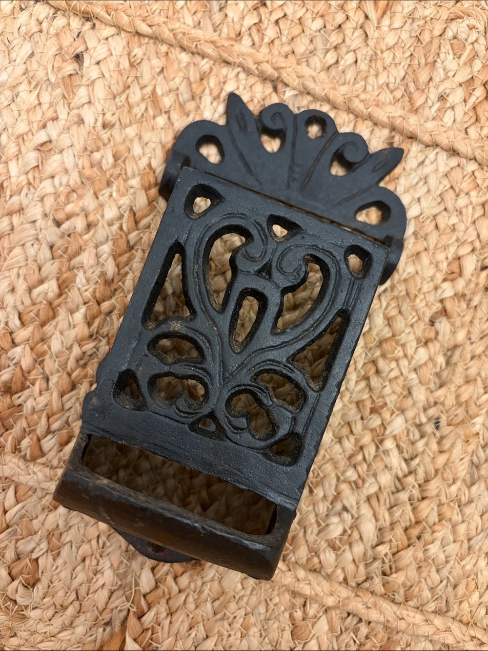 Vintage Cast Iron Match Holder 8” Wall Mount Black Heavy